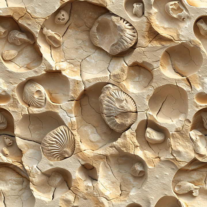 Fossilized Limestone Rock with Embedded Shells and Cracks seamless PBR texture preview
