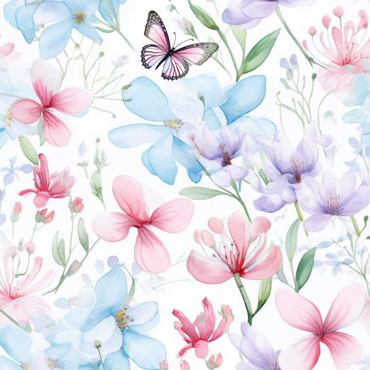 Soft Watercolor Butterflies & Flowers seamless PBR texture preview