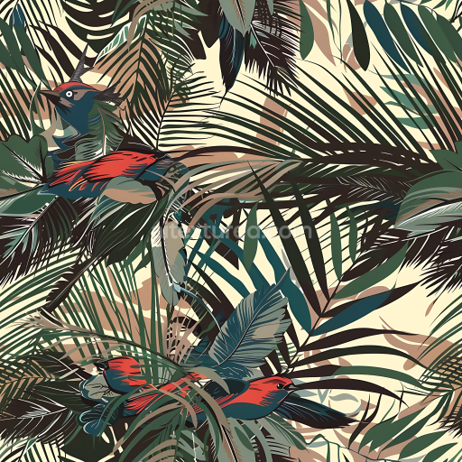 Seamless 3D Tropical Bird Camouflage PBR Texture with Lush Jungle Foliage and Vibrant Colored Birds