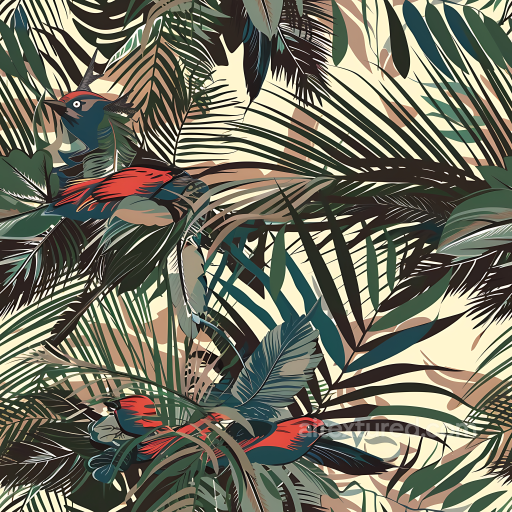 Tropical Bird Camouflage PBR Texture with Lush Jungle Foliage and Vibrant Colored Birds seamless Color Camouflage PBR texture