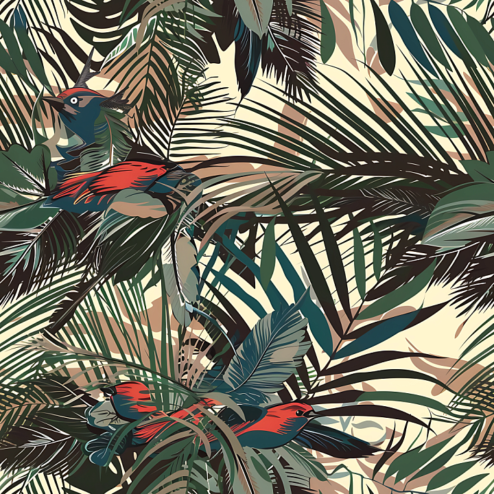 Tropical Bird Camouflage with Lush Jungle Foliage and Vibrant Colored B… seamless PBR texture preview