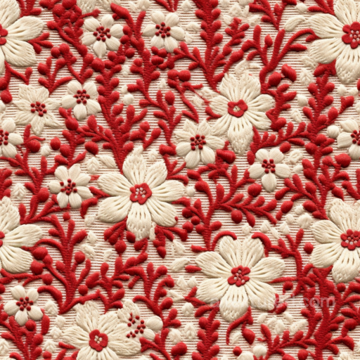 Of Red And Cream Embroidered Floral Fabric seamless Embroidered floral PBR texture