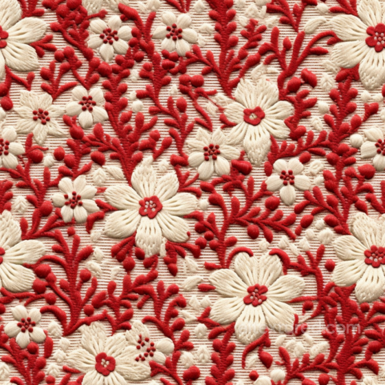 Of Red And Cream Embroidered Floral Fabric Embroidered floral texture preview