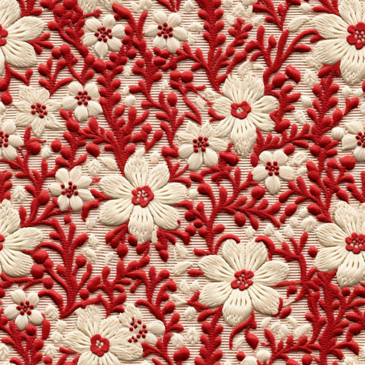 Of Red And Cream Embroidered Floral Fabric seamless PBR texture preview