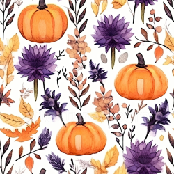 seamless Seamless 3D PBR Watercolor Halloween Fabric Texture with Orange Pumpkins and Purple Flowers texture 8k free download PBR