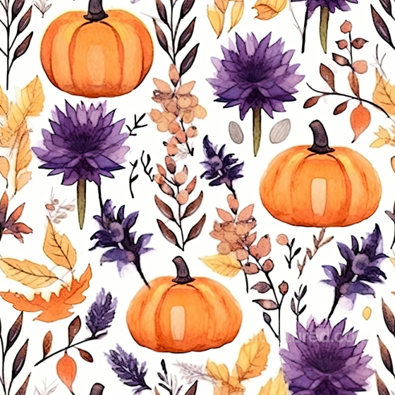 Watercolor Halloween Fabric Texture with Orange Pumpkins and Purple Flowers Watercolor Halloween texture preview
