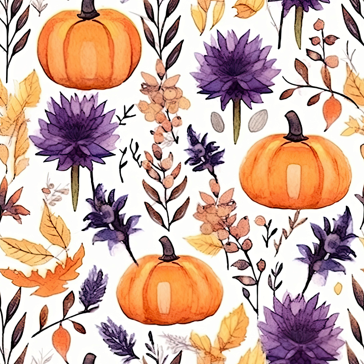 Watercolor Fabric with Pumpkin and Floral Elements seamless PBR texture preview