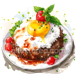 seamless Watercolor Illustration of Hawaiian Loco Moco Breakfast with Egg and Tomatoes texture 8k free download PBR
