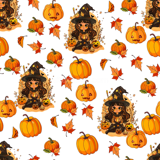 Seamless 3D PBR Watercolor Halloween Texture with Pumpkins, Autumn Leaves, and Witch Illustration