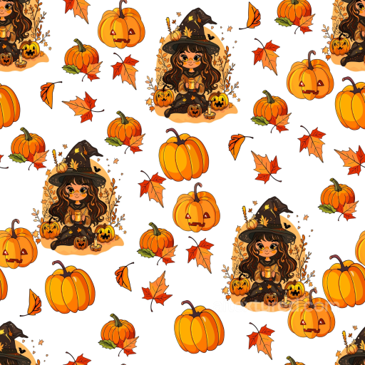 Watercolor Halloween Texture with Pumpkins, Autumn Leaves, and Witch Illustration seamless Watercolor Halloween PBR texture