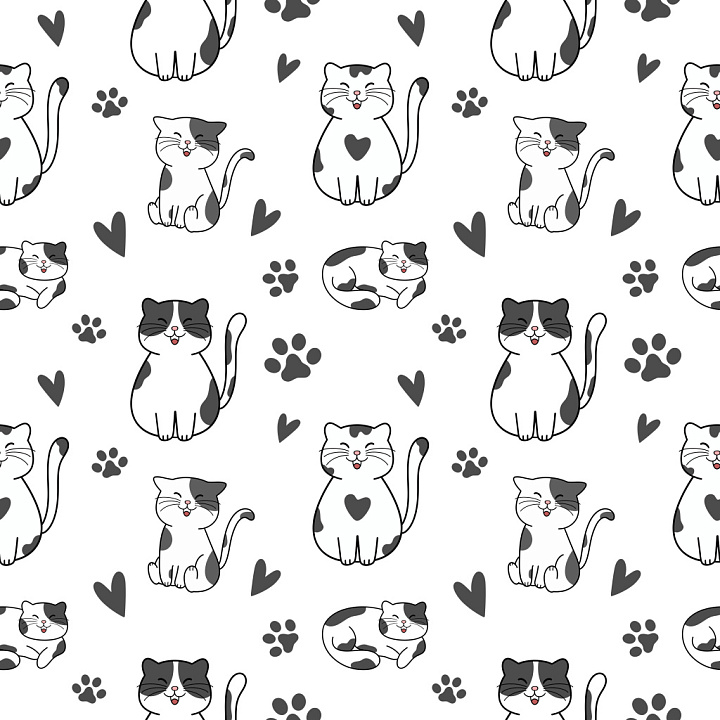 Pattern Featuring Playful Cat Illustrations with Hearts and Paw Prints seamless PBR texture preview