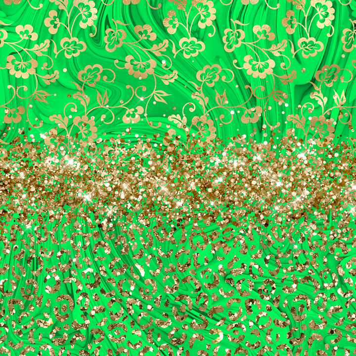 with Festive Green Swirls and Gold Glitter Pattern seamless PBR texture preview