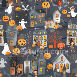 seamless Seamless 3D PBR Watercolor Halloween Village Texture with Pumpkins and Ghosts texture 8k free download PBR