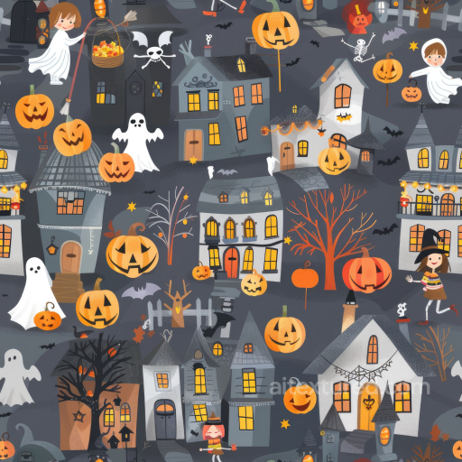 Watercolor Halloween Village Texture with Pumpkins and Ghosts seamless Watercolor Halloween PBR texture