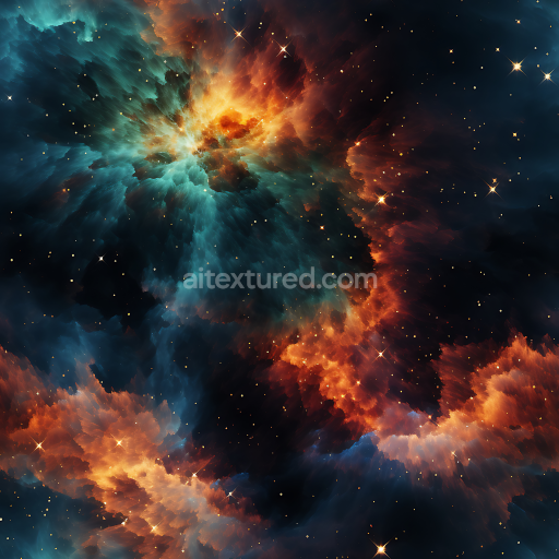 Seamless 3D Space PBR Texture Featuring Swirling Nebula with Blue and Orange Hues
