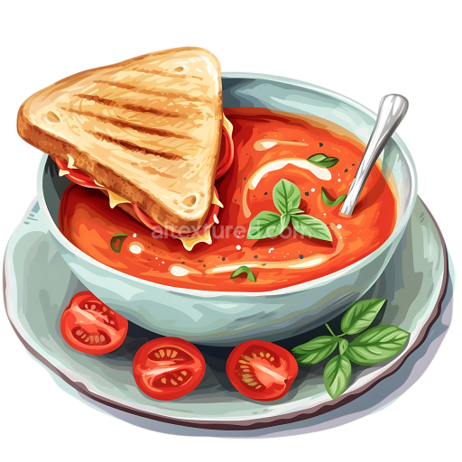 Breakfast Bowl of Tomato Soup with Grilled Cheese Sandwich Illustration