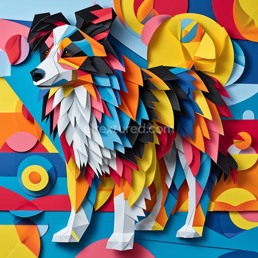 Seamless 3D PBR Texture Featuring Vibrant Origami-Style Collie Fur Pattern