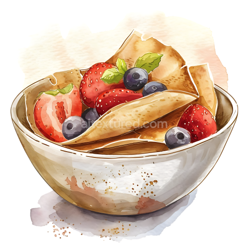 Watercolor Buckwheat Crepes Bowl with Fresh Strawberries and Blueberries Breakfast Illustration