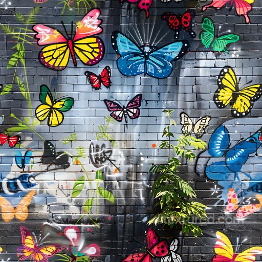 Seamless 3D PBR Graffiti Texture Featuring Colorful Butterfly Street Art on Brick Wall texture preview