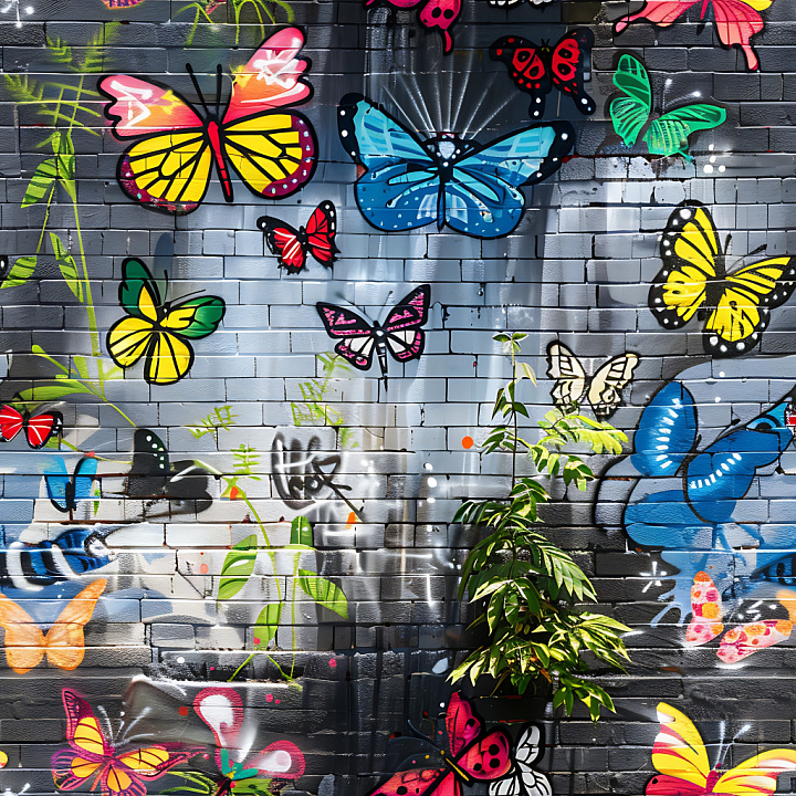 Graffiti Featuring Colorful Butterfly Street Art on Brick Wall seamless PBR texture preview