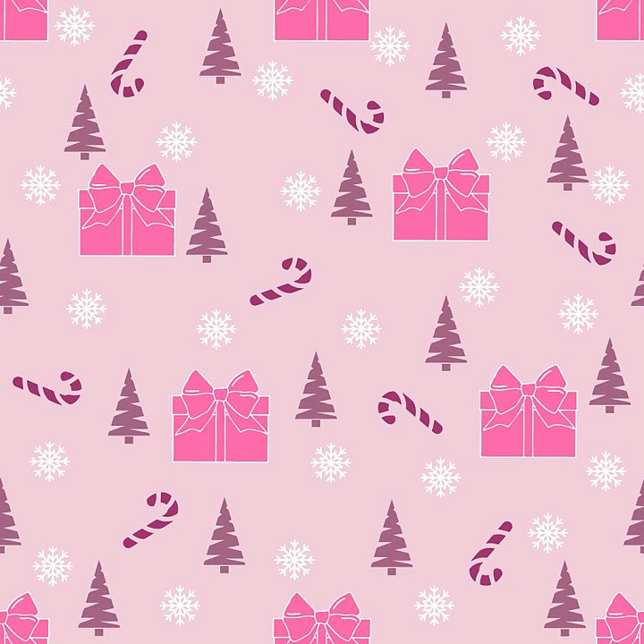 Featuring Pink Christmas Gifts, Purple Trees, and Snowflakes seamless PBR texture preview