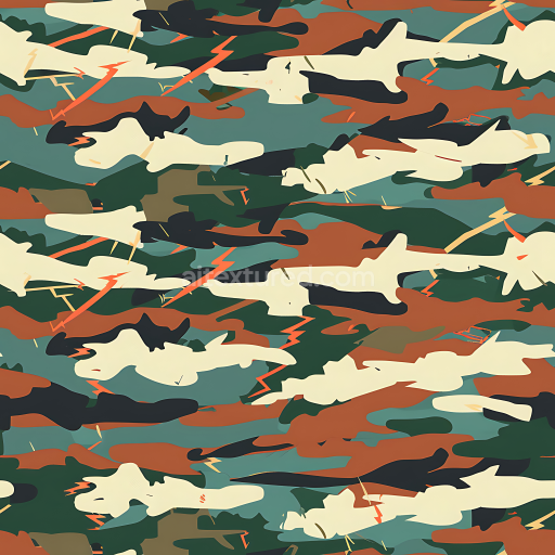 Seamless 3D Stylized Woodland Camouflage PBR Texture with Abstract Shapes and Lightning Elements