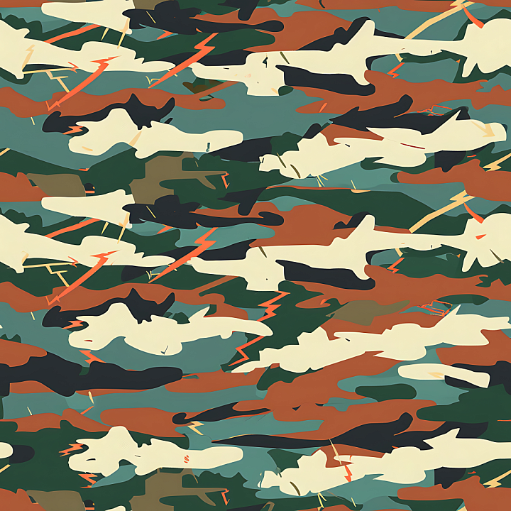 Stylized Woodland Camouflage with Abstract Shapes and Lightning Elements seamless PBR texture preview