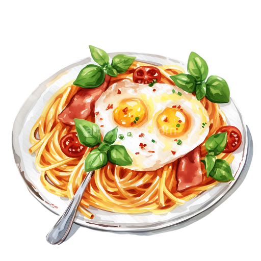 Breakfast Carbonara with Spaghetti, Fried Eggs, Tomatoes, and Basil PNG