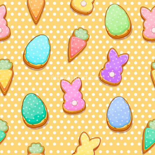 Seamless 3D PBR Texture Featuring Colorful Easter Cookie Shapes on Polka Dot Background