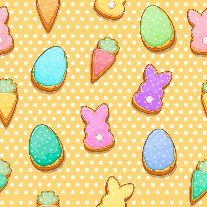 Featuring Colorful Easter Cookie Shapes on Polka Dot Background seamless PBR texture preview