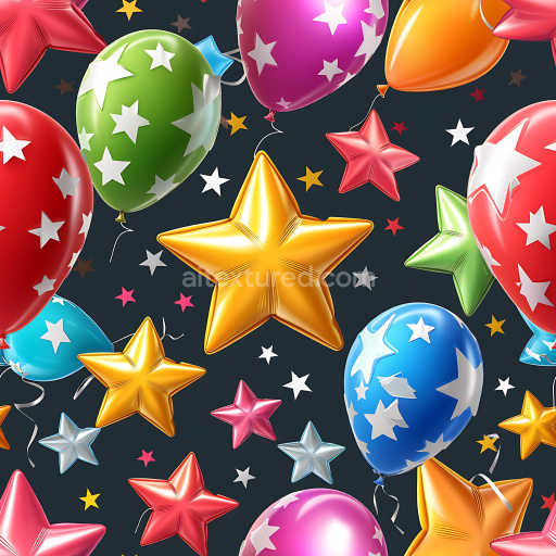 Seamless 3D Inflated PBR Texture Featuring Colorful Star-Shaped Balloons and Round Star-Printed Balloons