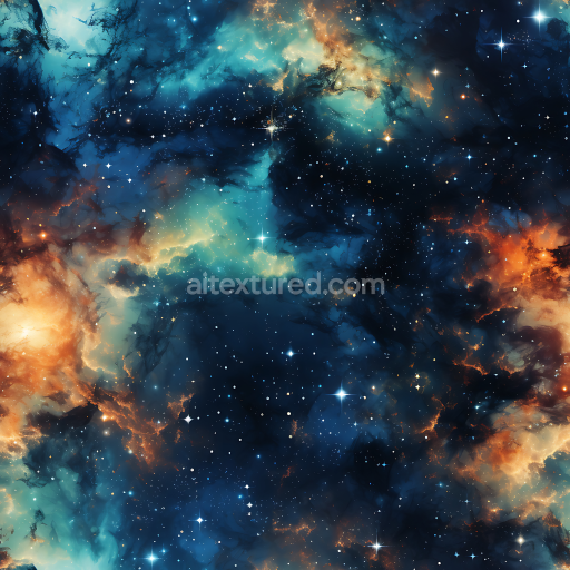 Seamless 3D PBR Nebula Sky Texture Featuring Vibrant Blue and Orange Cosmic Clouds with Bright Starfield