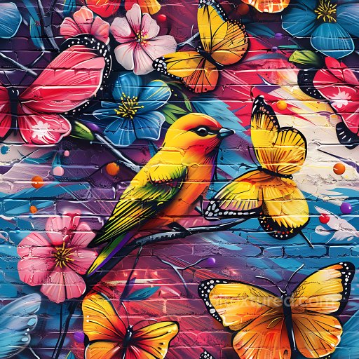 Seamless 3D PBR texture of vibrant graffiti birds, butterflies, and flowers on brick texture preview