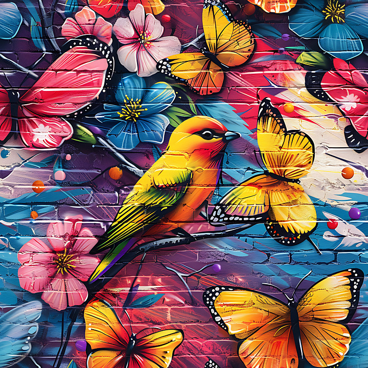 Of Vibrant Graffiti Birds, Butterflies, And Flowers On Brick seamless PBR texture preview