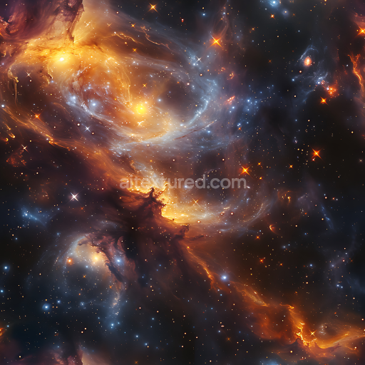 Seamless 3D Space PBR Texture Featuring Swirling Nebula with Golden and Blue Tones