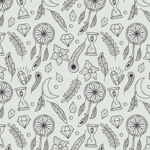 Seamless 3D PBR Texture with Black Line Art Magic Symbols and Feathers