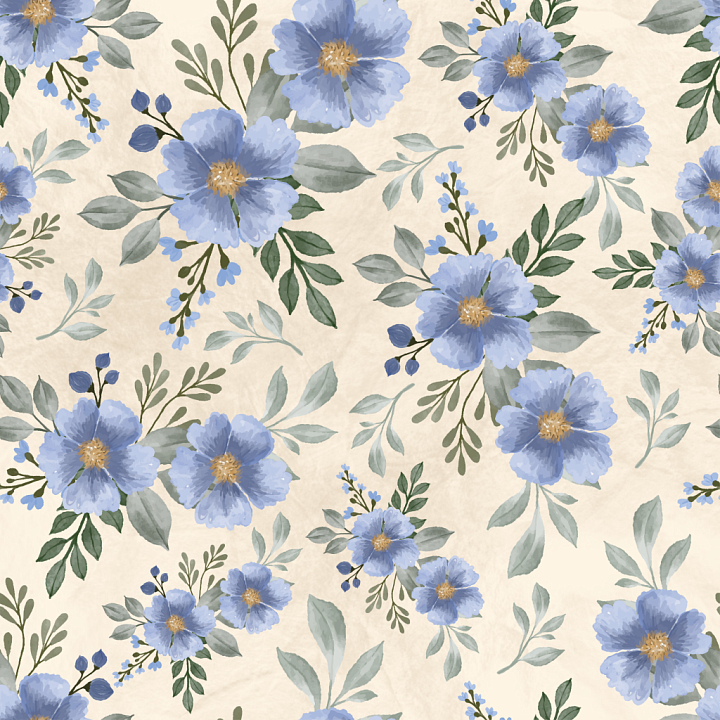 Flower of Delicate Blue Flowers on Cream Fabric Background seamless PBR texture preview