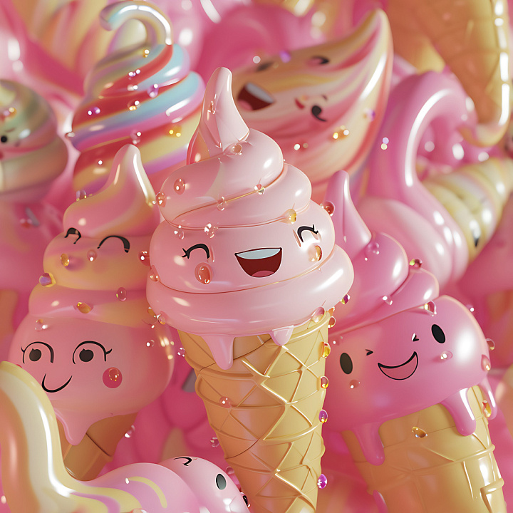 Inflated of Glossy Pink Ice Cream Cones with Smiling Faces seamless PBR texture preview
