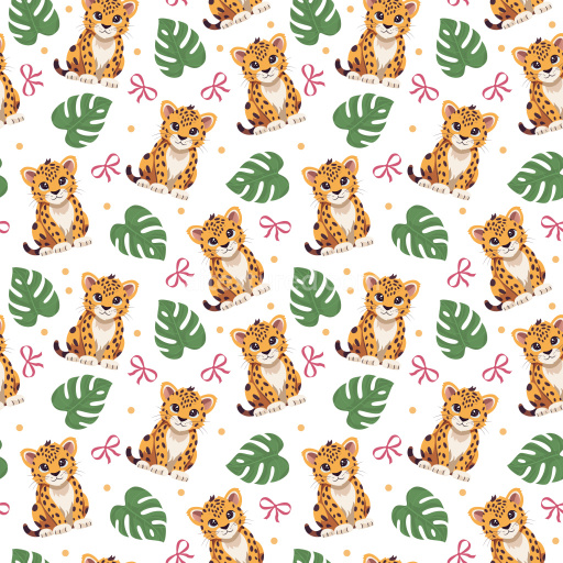 Pattern Bundle - Seamless 3D Pattern PBR Texture with Playful Leopard Cubs and Tropical Leaves texture preview