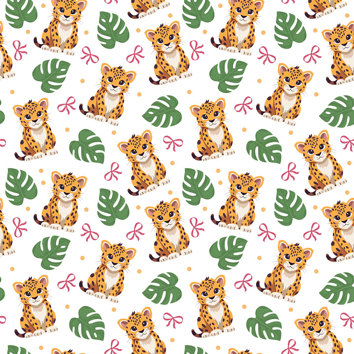 Pattern with Playful Leopard Cubs and Tropical Leaves seamless PBR texture preview