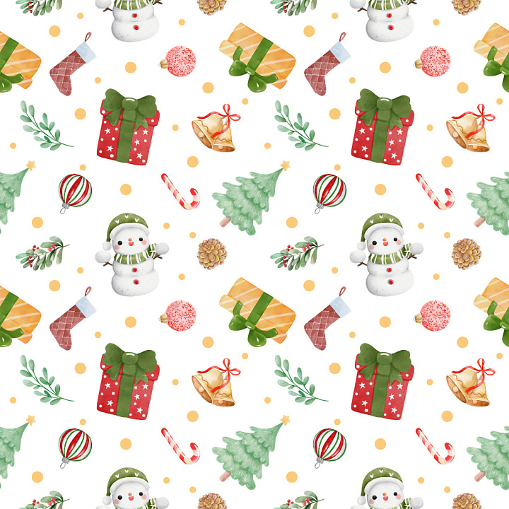 Pattern Featuring Hand-Painted Christmas Motifs in Soft Watercolor Style seamless PBR texture preview