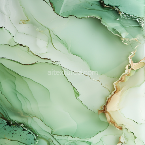 Seamless 3D Alcohol Ink PBR Texture with Soft Green Fluid Waves and Gold Veins