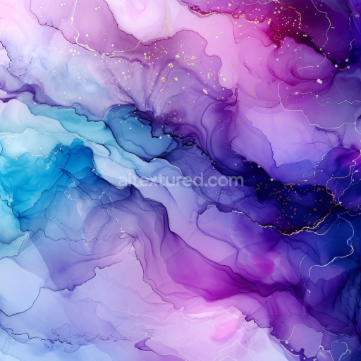 Seamless 3D Alcohol Ink PBR Texture Featuring Violet and Blue Fluid Swirls with Gold Veining