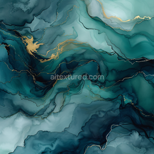 Seamless 3D Alcohol Ink PBR Texture Featuring Teal Fluidity and Gold Veined Accents