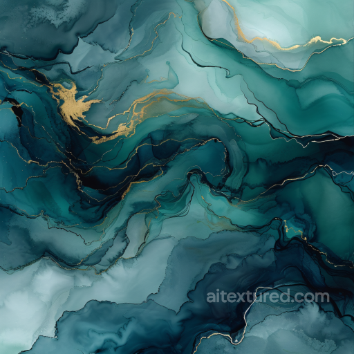 Alcohol Ink PBR Texture Featuring Teal Fluidity and Gold Veined Accents seamless Alcohol ink PBR texture