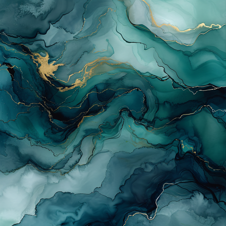Alcohol Ink Featuring Teal Fluidity and Gold Veined Accents seamless PBR texture preview