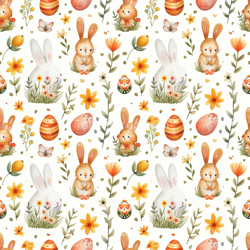 Seamless 3D PBR texture with watercolor Easter bunnies, eggs & flowers