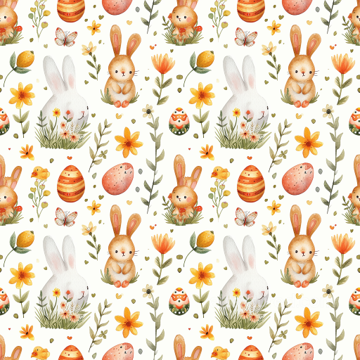 With Watercolor Easter Bunnies, Eggs & Flowers seamless All Easter Digital paper PBR texture