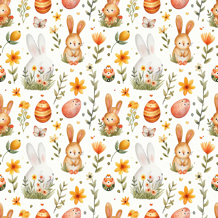 With Watercolor Easter Bunnies, Eggs & Flowers seamless PBR texture preview