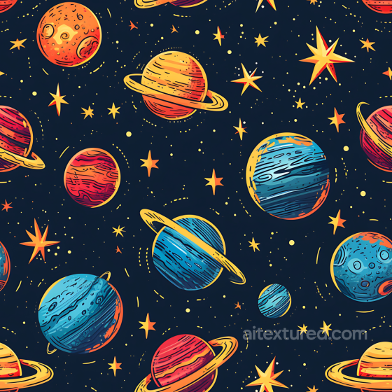 Space PBR Texture with Colorful Cartoon Planets and Starfield Star, space, planets texture preview